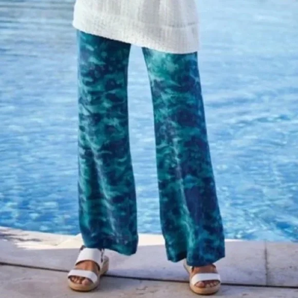 Soft Surroundings Wide Leg Pull on Pants Large Blue Tie Dye Beach Vacation NEW - Picture 1 of 12